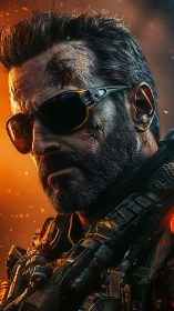 Battle-scarred soldier stands strong in glowing embers and heat