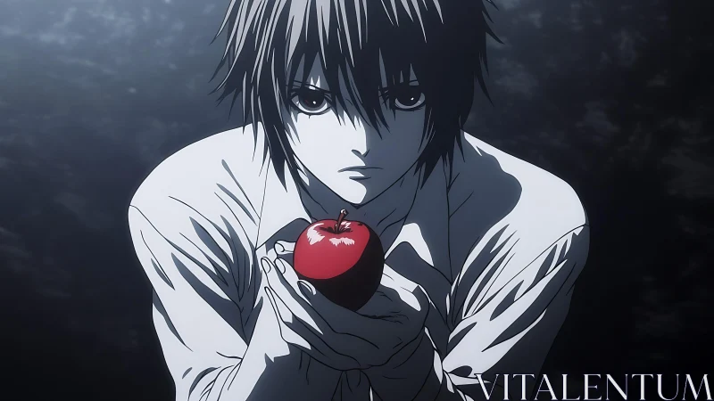 Brooding anime boy offers a crimson apple in moonlit hush.
