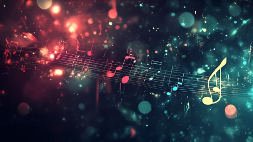 Glowing music notes on cosmic bokeh soundscape background.