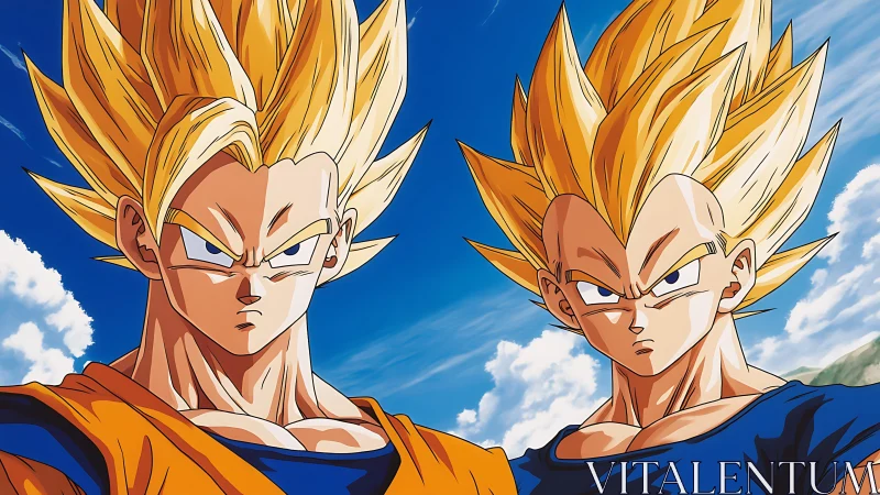 Supercharged anime warriors in golden-haired battle forms.