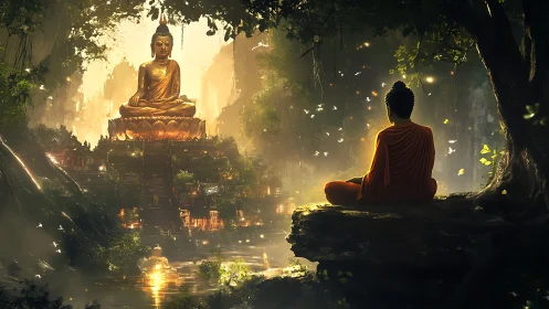 Meditating monk faces luminous golden Buddha statue
