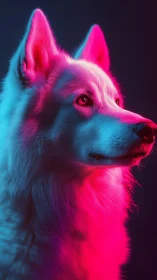 Neon side-lit canine portrait in dual-tone cyberpunk palette.