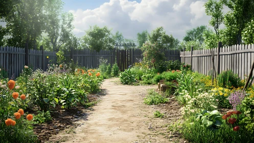 Sunny cottage garden path lined with colorful summer blooms.