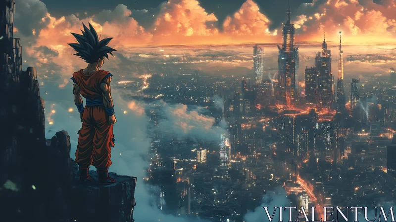 Anime warrior overlooking vast futuristic night cityscape