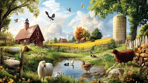 Idyllic rural farmstead rendered in luminous digital painting