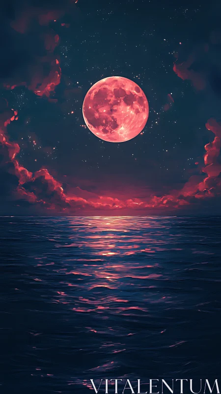 Crimson moonrise serenades a midnight ocean horizon.