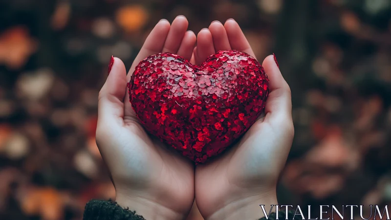 Hands Holding Red Glittering Heart Ornament