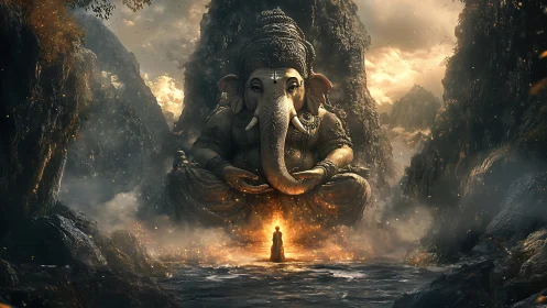 Colossal elephant-headed deity statue in mountain gorge.