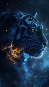 Side profile tiger portrait glows with blue light and fire