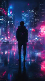 Neon drifter in rain-soaked cyber city glow at midnight.