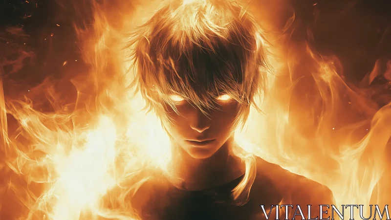 Fiery anime figure emerges from engulfing cinematic flames