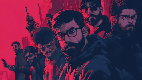 Neon rogue collective in crimson-blue city tension.