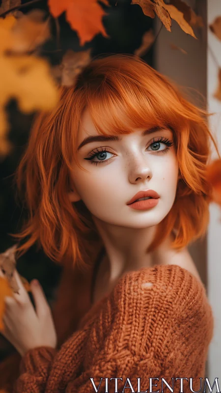 Young woman with orange hair poses amid autumn foliage