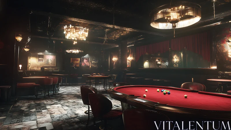 Moody billiards lounge glowing with rich vintage warmth.