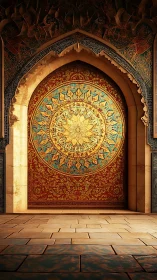 Intricate mandala mural within ornate arched stone portal.
