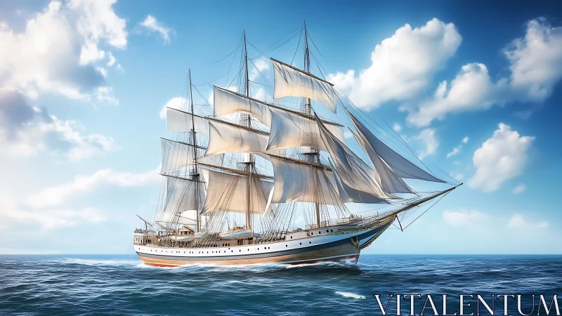 Four-masted barque under full sail on calm ocean in daylight