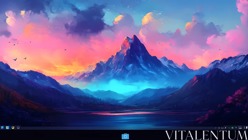 Skyfire peaks cradle a neon lake in dream-soaked dusk.