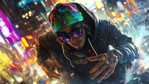 Cyberpunk street runner in neon-saturated urban vortex.