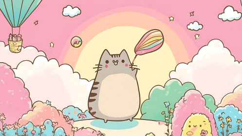 Whimsical Cat in Flight Through Rainbow Skies.