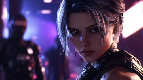 Cybernetic woman in neon lit environment facing camera view.