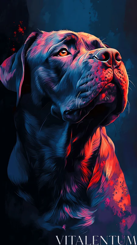 Neon-lit dog portrait gazes upward in bold, cinematic color.