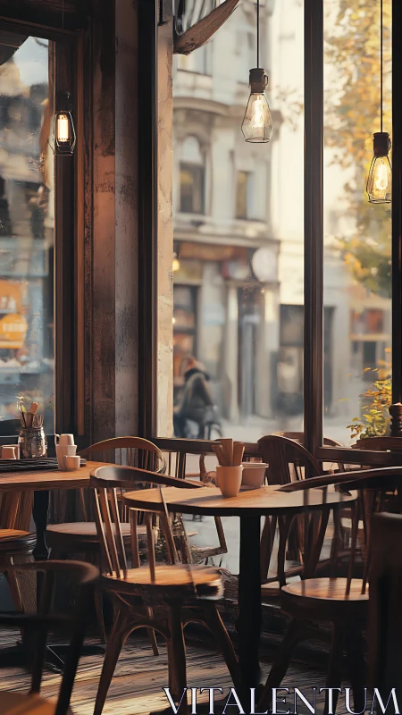 Quiet urban caf&eacute; interior with wooden tables and chairs.