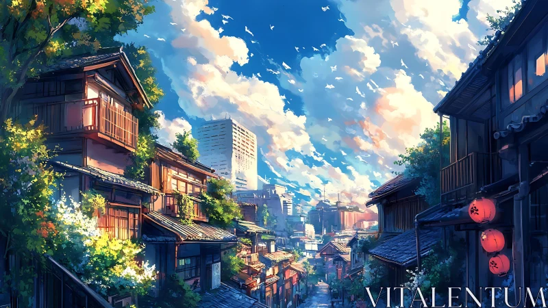 Sunlit traditional street opens onto a distant modern skyline