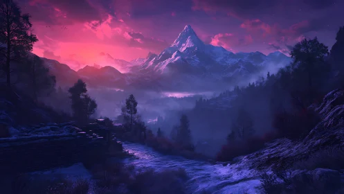 Radiant dusk over icy mountain pass in violet haze.