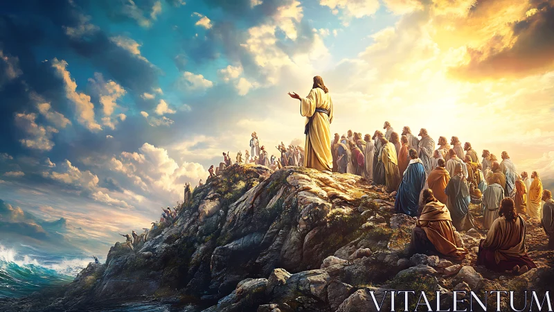 Sermon on rocky shore under radiant stormlit sky.