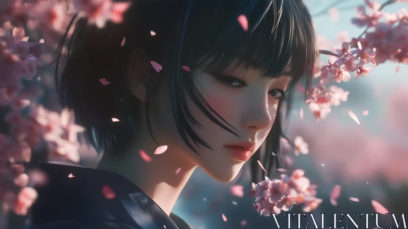 Melancholic girl gazes through drifting cherry blossoms softly
