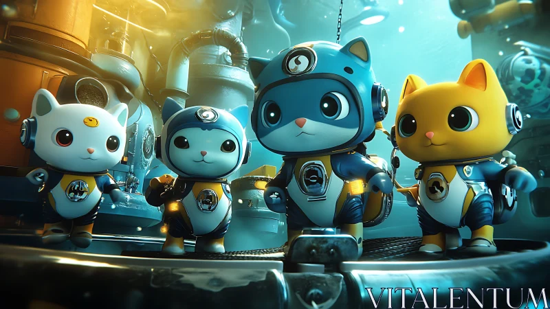 Robotic feline dive squad in pressurized aquatic lab environment.