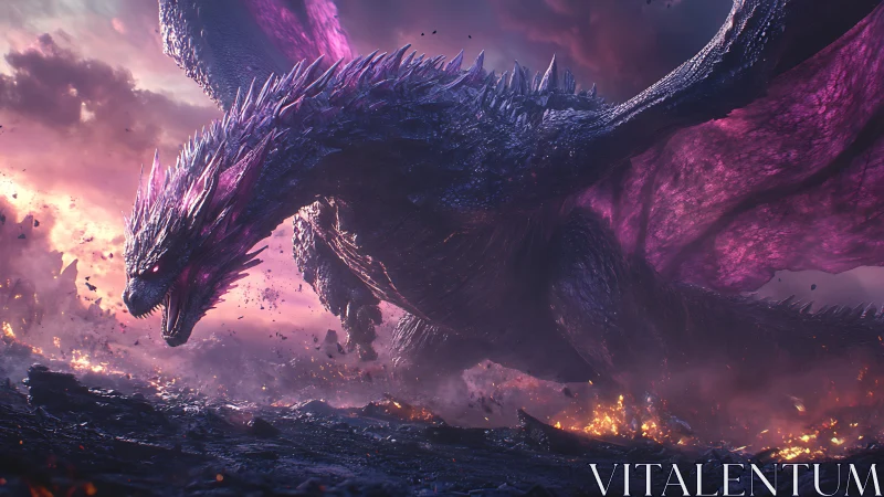 Iridescent dragon rendered in high-detail 3D over volcanic wasteland