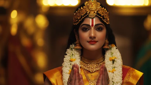 Golden temple glow around a serene South Indian bride.