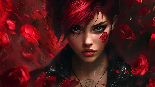 Scarlet haired rebel confronts viewer amid swirling roses