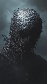 Humanoid silhouette with tangled wire head in foggy gloom.