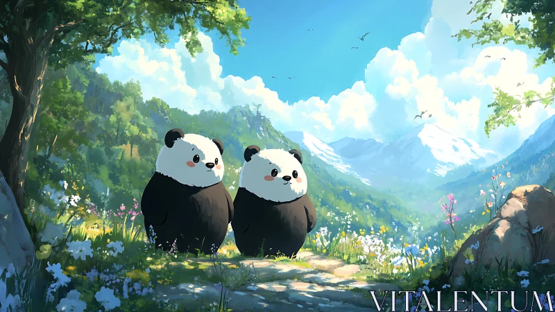 Two cartoon pandas in bright alpine meadow landscape.