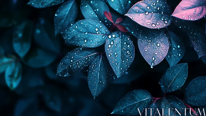 Raindrops on blue and magenta leaves under low light