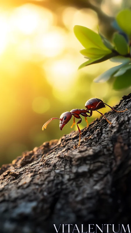 Solitary ant explores sunlit tree bark at golden hour.