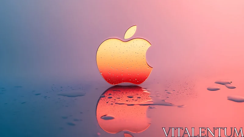 Glossy apple emblem on wet reflective gradient surface.