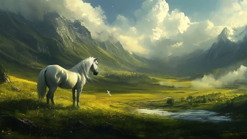 White horse surveys a misty emerald valley beneath storms