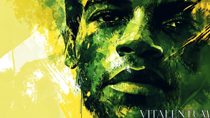 Abstract green portrait of a man in layered digital brushwork.