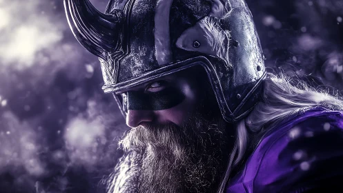 Cinematic close-up of horned Viking warrior in frosted armor.