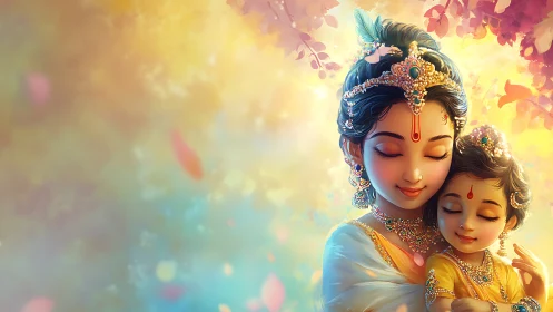 Luminous devotional portrait of jeweled mother and child avatars.