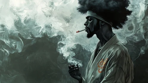 Afro samurai smoker in swirling cinematic smoke field.