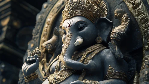 Elephant-headed stone deity statue displays ornate gold adornment