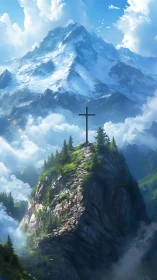 Solitary cross crowns a sunlit peak beneath towering mountains.