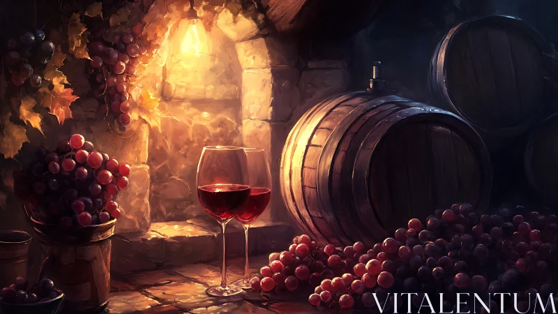 Warm cellar scene shows wine barrels, grapes and rim-lit glassware