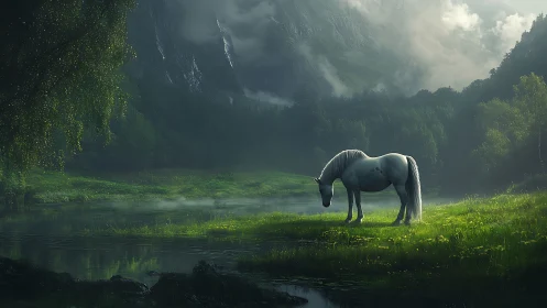 White horse grazing in misty alpine valley, cinematic lighting