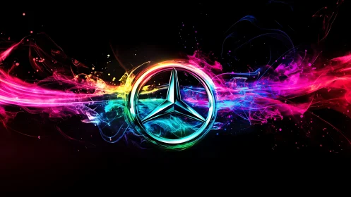 Tri-point chrome emblem encircled by neon plasma light trails