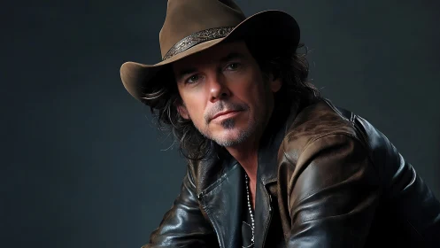 Weathered drifter in leather and shadowed studio calm.